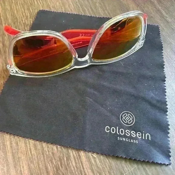 Colossein Sunglasses. Clear Face. Pink Arms And Pink Reflective Lenses. Case - Picture 5 of 10